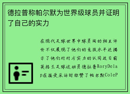 德拉普称帕尔默为世界级球员并证明了自己的实力