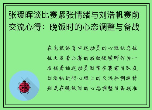 张瑷晖谈比赛紧张情绪与刘浩帆赛前交流心得：晚饭时的心态调整与备战准备