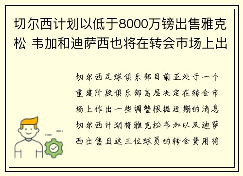切尔西计划以低于8000万镑出售雅克松 韦加和迪萨西也将在转会市场上出售